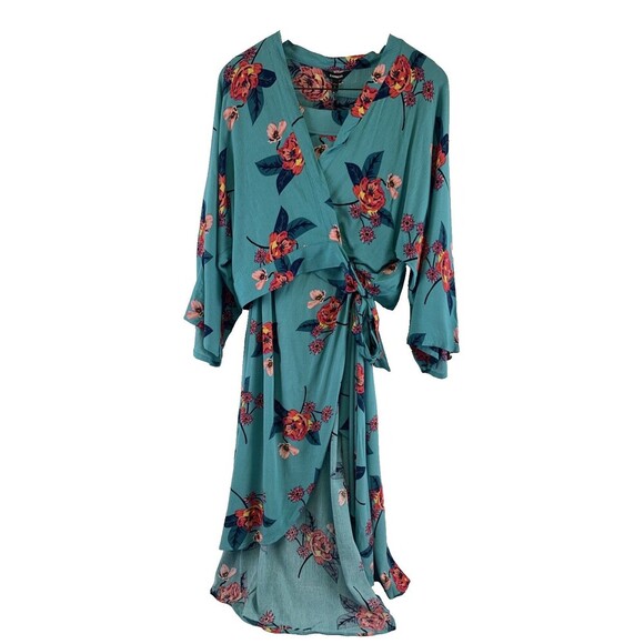 Express Floral Outfit Maxi Skirt Kimono Wrap Top Teal Rayon Womens Large New Tag - Picture 2 of 16